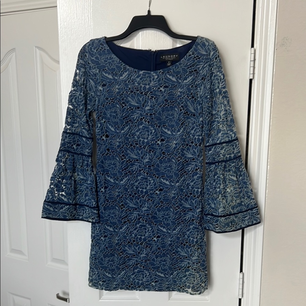 Laundry By Shelli Segal Blue Lace Long Sleeve Dress